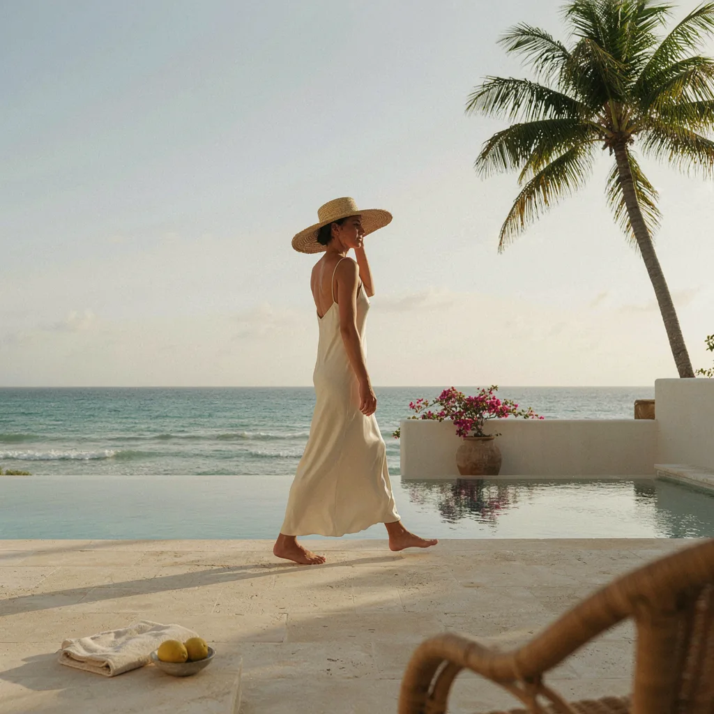 A woman in a cream slip dress and straw hat walking barefoot beside a pool above the sea